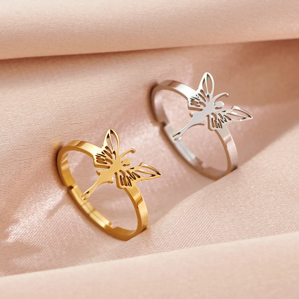 Fashion vintage stainless steel niche design Butterfly Fairy Angel Wing ring simple personality everything matching ring accesso