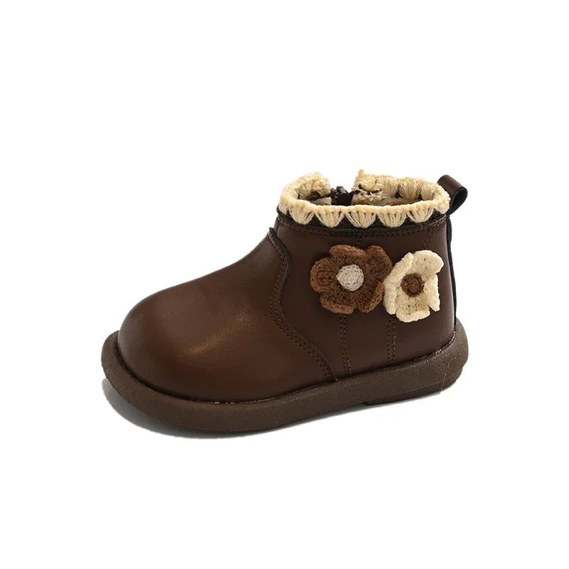 Toddler Girls Flower Lace Ankle Boots, Fall Winter Side Zipper Cute Flower Decoration Boots, Round Toe Soft Sole Princess Boots