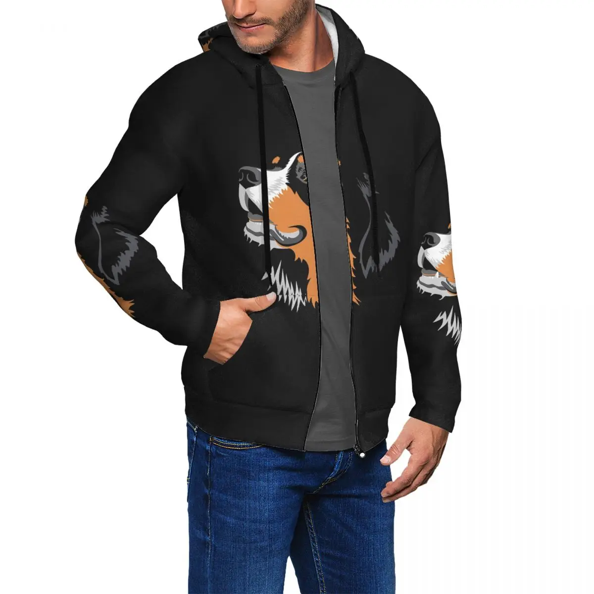Bernese Mountain Dog Zipper Hoodies Hip Hop Pullover Autumn Winter Men Women Sweatshirt Long Sleeve Tops