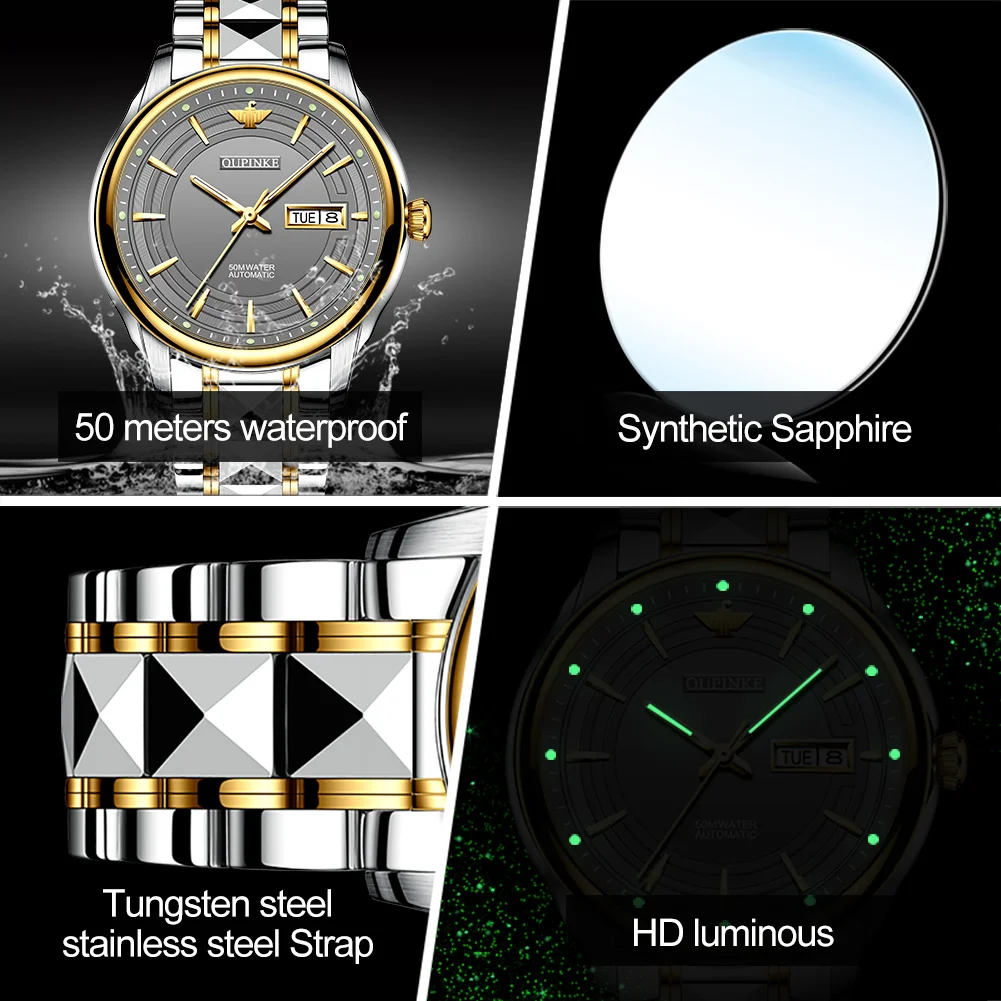OUPINKE 3170 Fully Automatic Mechanical Watch Men Stainless steel Waterproof Night Light Dual Calendar Display Wristwatch Man