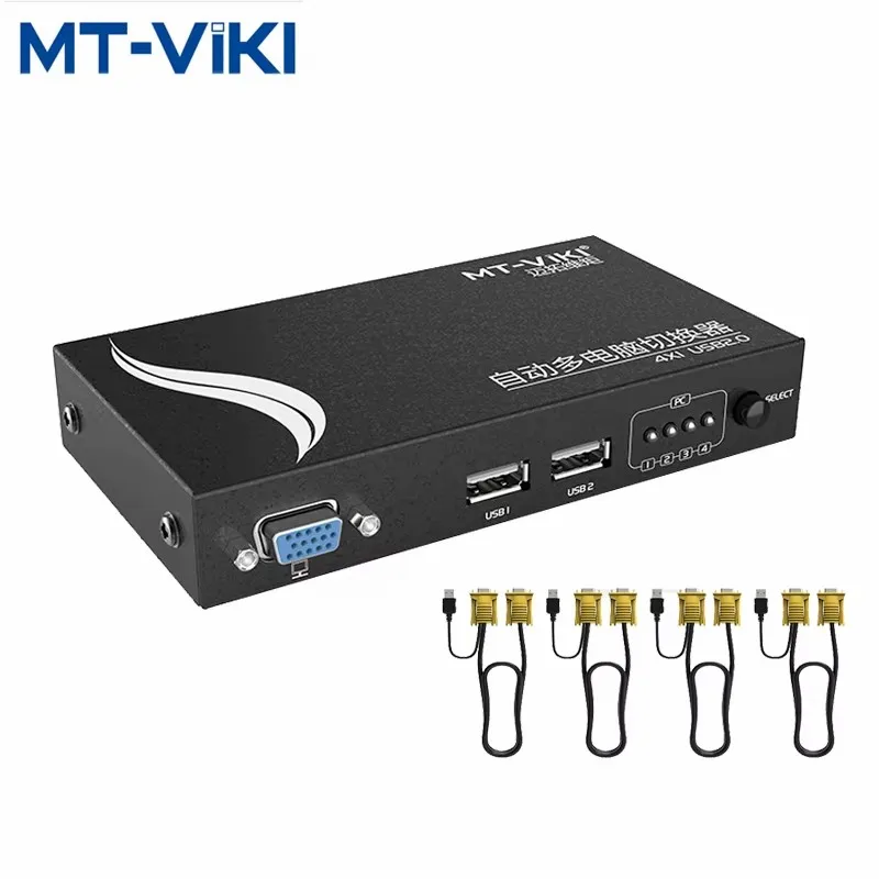 MT-Viki 4 Port Auto USB KVM Switch Hotkey Select with Original Cables Metal Casing Resolution PC Manage Send cable MT-471UK-L