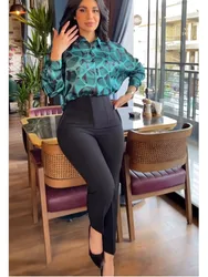 Casual Long Sleeve Shirt Pants Set Office Lady Spring Autumn Elegant Print Blouse Solid Trousers Two Piece Set Women Outfit 2023