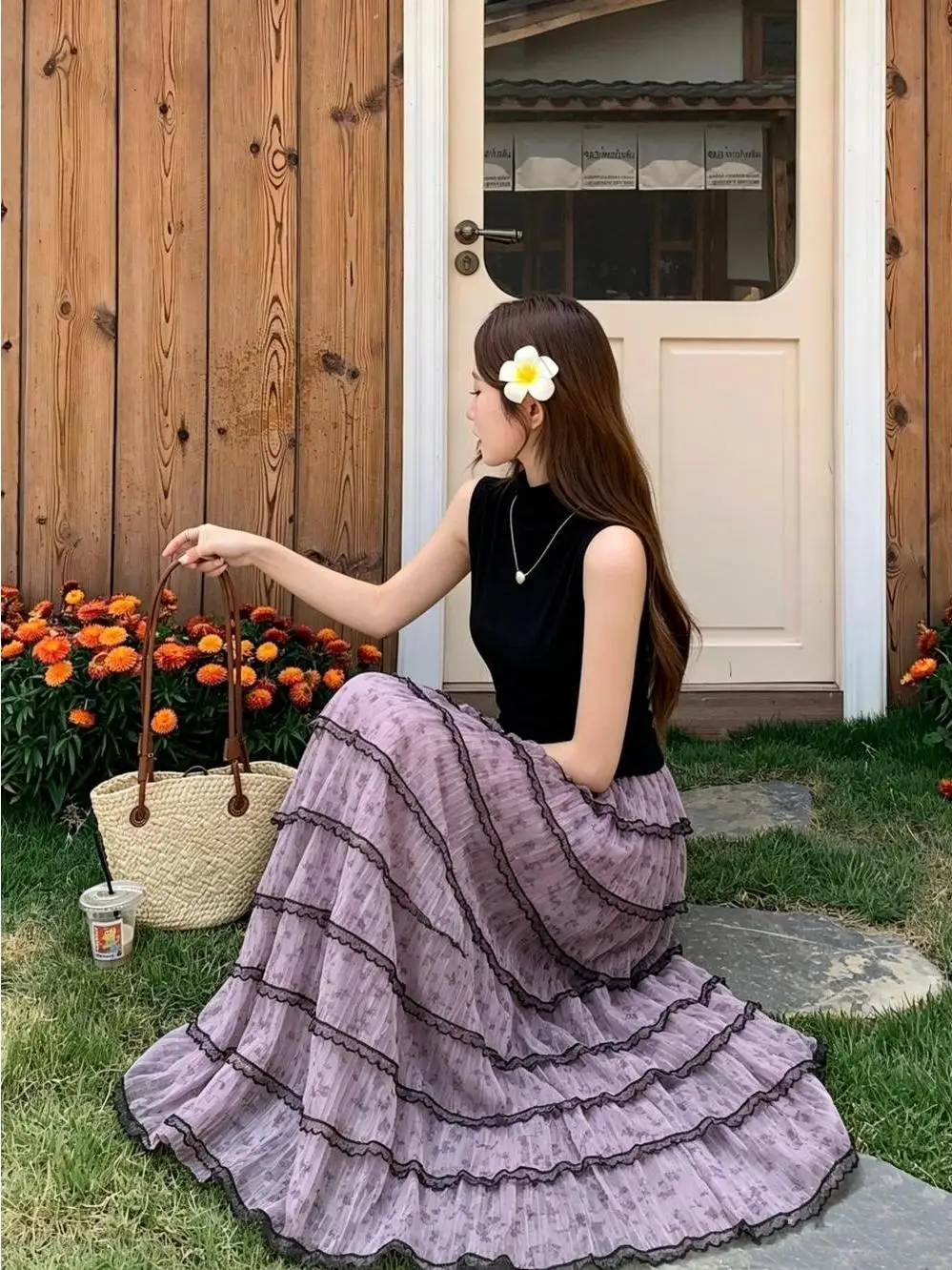 

Summer Vacation Elegant Dot Pattern Mesh Cake Skirt And Vest Two Piece Set for Women High Neck Sleeveless Slim Fit Fashionable