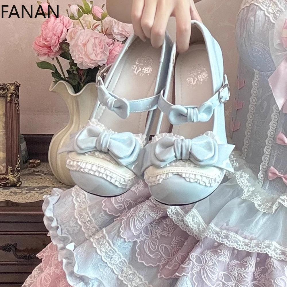 

Lolita Shoes for Women Sweet Pink Platform Jk Leather Shoes Heart Buckle Mid Heel Pumps Mary Jane Shoes Elegant Princess