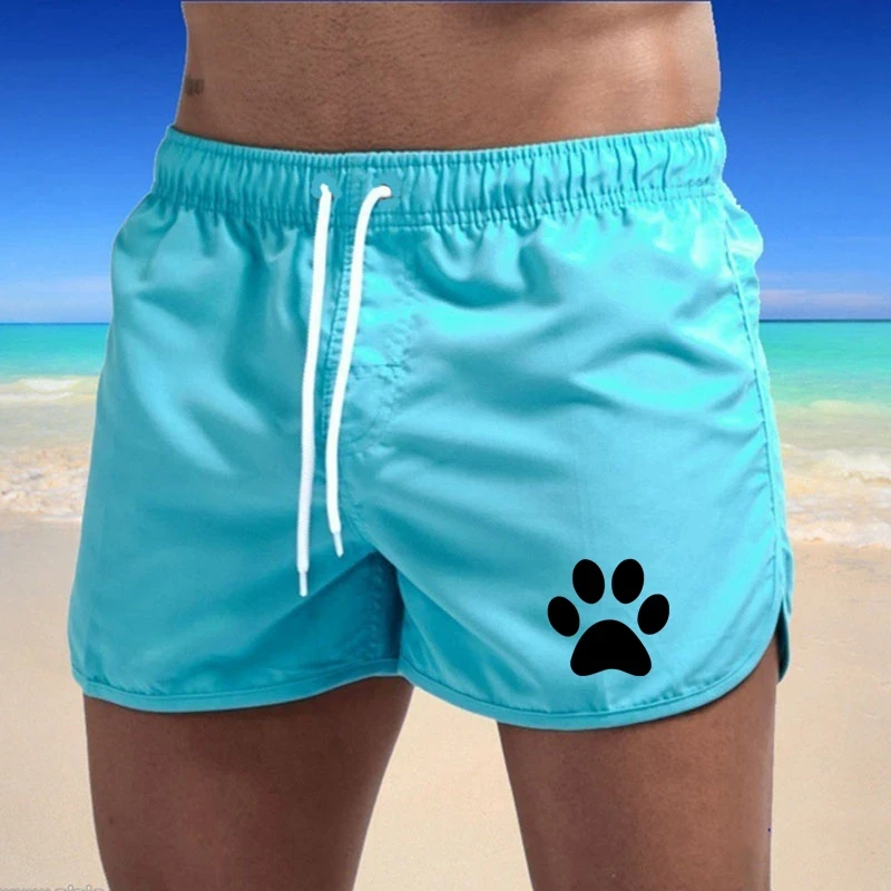 Summer New Men\'s Sports Leisure Breathable Fitness Drawstring Quick Dry Loose Men\'s Beach Pants Solid Color Shorts Dog Paw Print