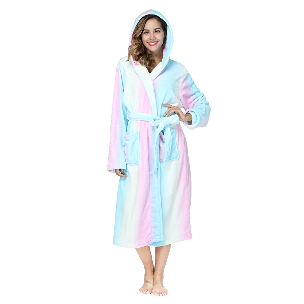 RONGTAI Womens Rainbow colored Flannel Bathrobe Ladies Fleece Plush Warm Long Robes Fleece Nightgown Sleepwear