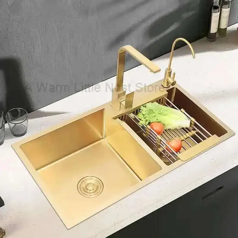 #Light Luxury Kitchen Sinks Stainless Steel Home Kitchen Sink Creative Large Gold Nano Sink Handmade Double Kitchen Accessories