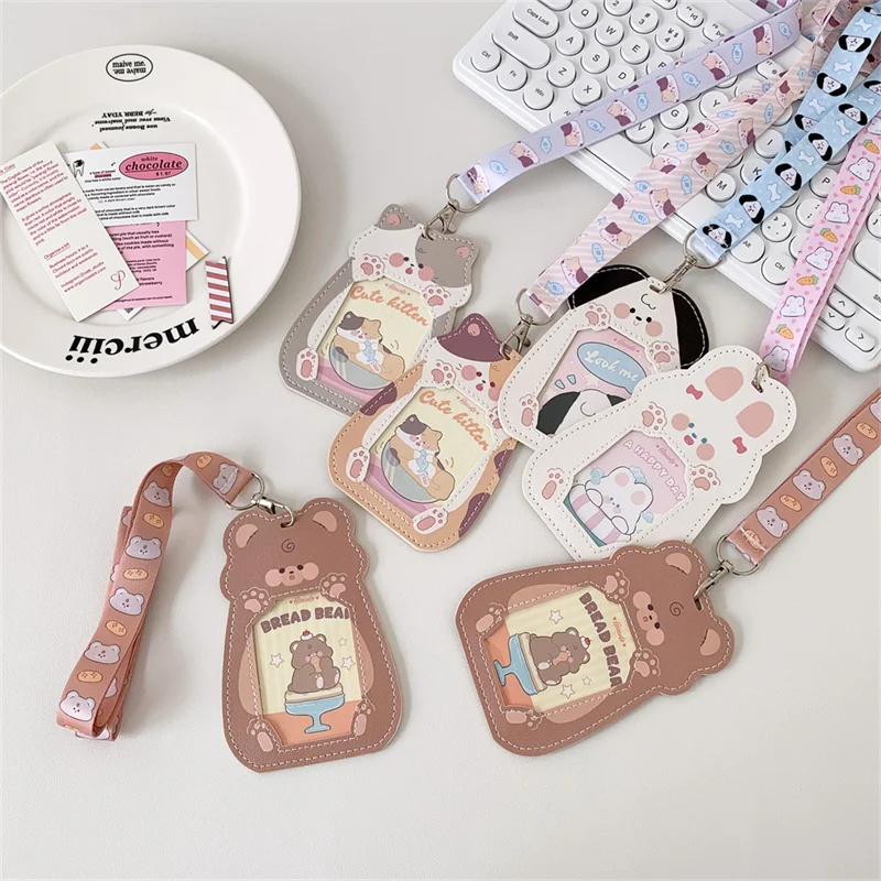 3 Inch Cartoon Photocard Holder Photocards Holder Cute Photo Protector Case With Lanyard PU ID Holders Postcard Album Photo