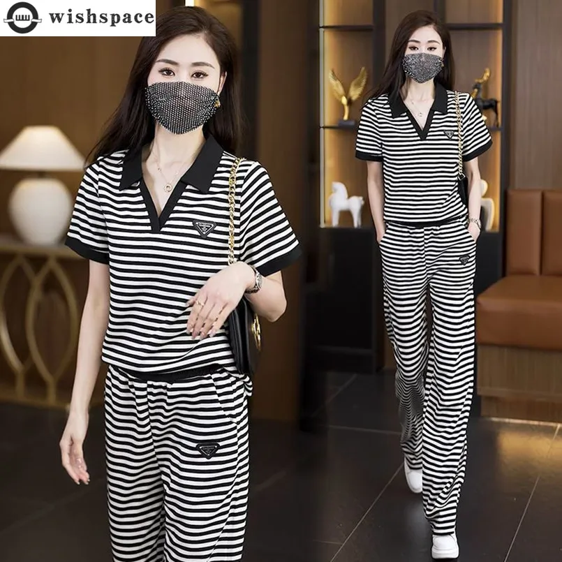Spring and Summer New Striped V-neck Splicing Set Women's Stylish Age Reducing Casual Pants Two-piece Set