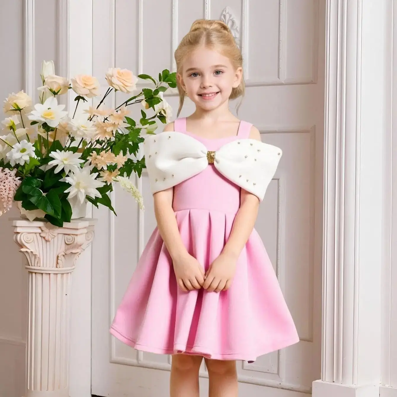 ชุดเดรสเจ้าหญิงประดับลูกปัดผูกโบว์น่ารักสำหรับเด็ก งานวันเกิด งานแต่งงาน พิธีศีลมหาสนิทครั้งแรก คริสต์มาส ปีใหม่ งานประกวด