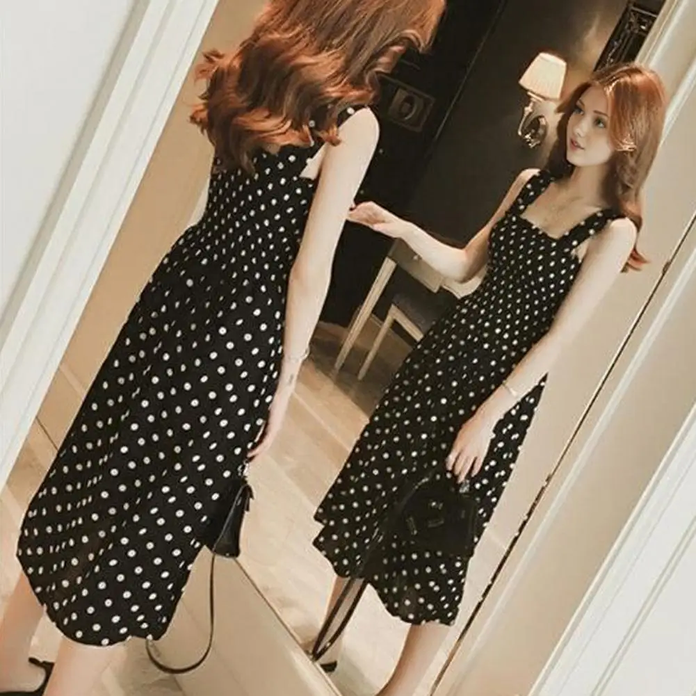 Women Midi Dress Square Neckline Dress Elegant Dot Print Midi Dress for Women Square Neck A-line Pleated with Elastic for Dating