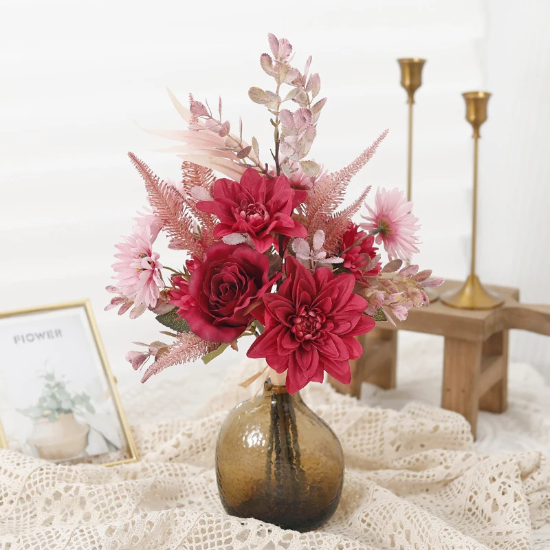 داليا روز ديزي زهور الخريف المزيفة زهرة اصطناعية الحرير المنزل عيد الميلاد عيد الحب باقة ديكور الزفاف العروس ديكور #5