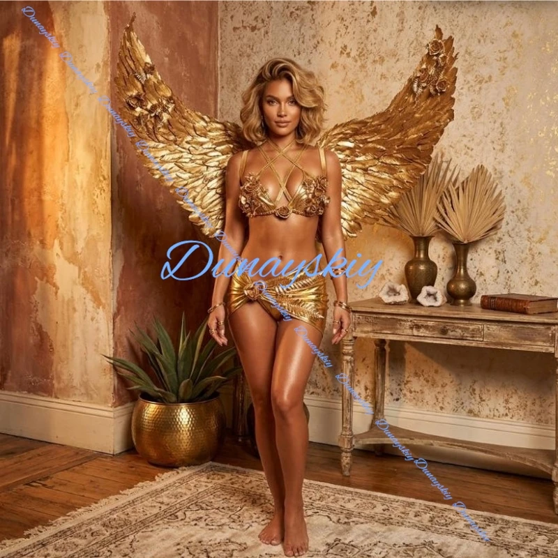New Design Subculture Metal Oil Painting Cosplay Costume Feel Hand-sewn Flower Top Punk Sexy Gold Wings Girl Skirt Pants Ladies