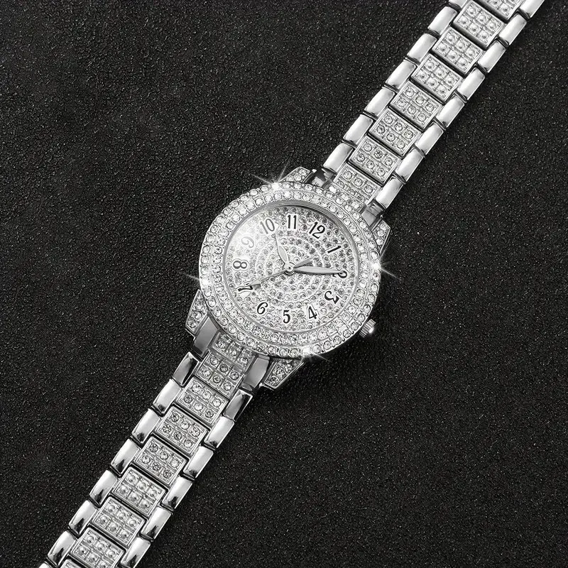 6pcs Ladies Fashion Casual Star Number Full Diamond British Watch White Crystal Love Earrings Necklace Ring Bracelet Gift Set