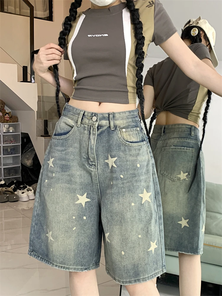 

Women's Star Print Pattern Denim Shorts Retro Style Quarter Bottoms Wide Leg Capris Female High Waist Straight Kenn-length Jeans