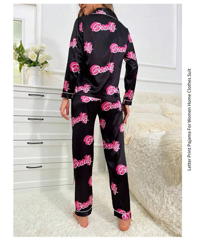 Niedlicher Pyjama mit Katzenmuster für Damen, Satin, langärmelig, Reverskragen, Oberteile und Hosen, Pyjama-Loungewear für Herbst, Damen-Nachtwäsche, Pyjama-Sets – Detail 7