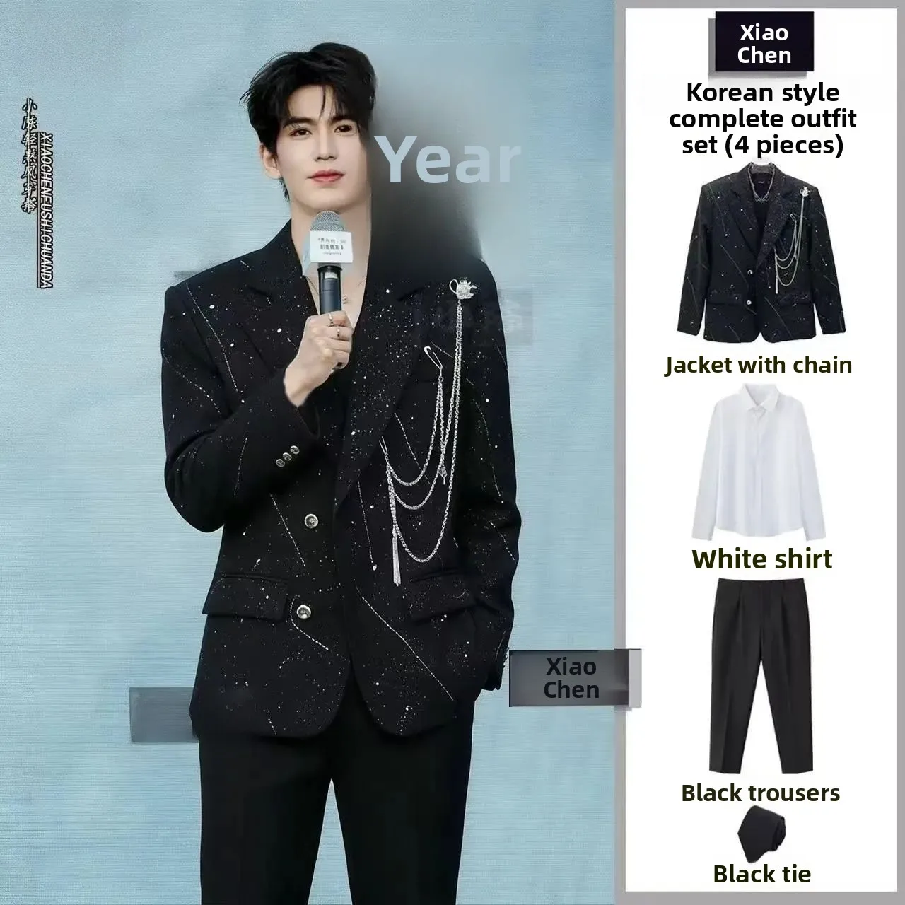 

Metal Chain Men's Suit Set Tianxing Pad Shoulder Fashionable Youth Popular Double Slit Standard Fit Polyester Fiber Suit