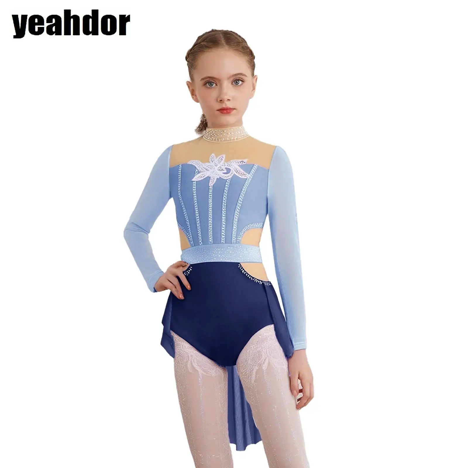 Maglia da balletto per ginnastica per ragazze Costume da ballo moderno per pattinaggio lirico Collo a lupetto Manica lunga Strass lucidi Body con gonna in rete