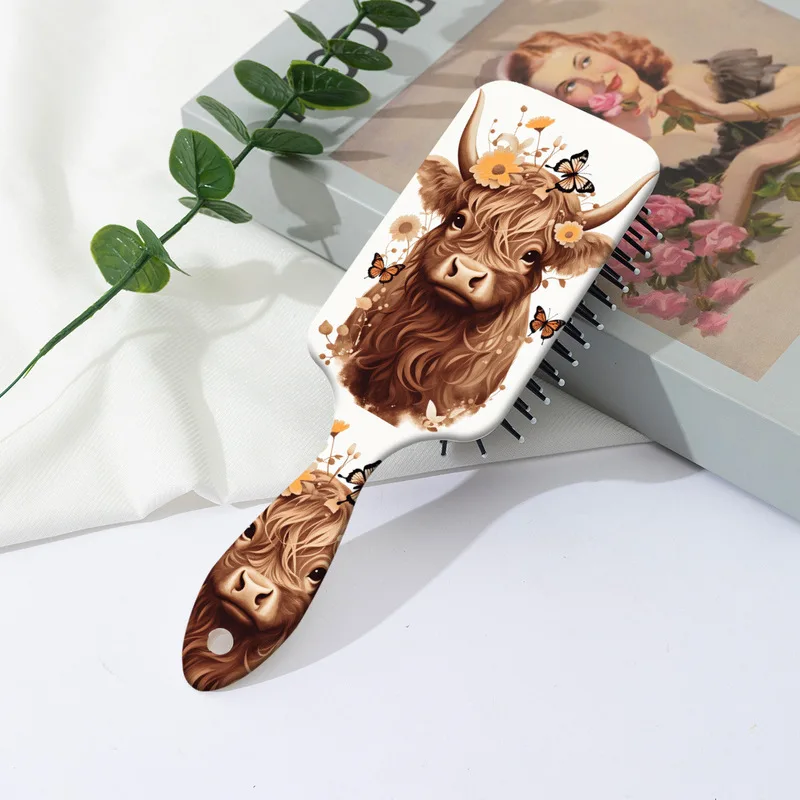 Cow pattern paddle comb - anti-static, scalp massage, soft nylon bristles, exfoliating brush,Special for real hair wigs