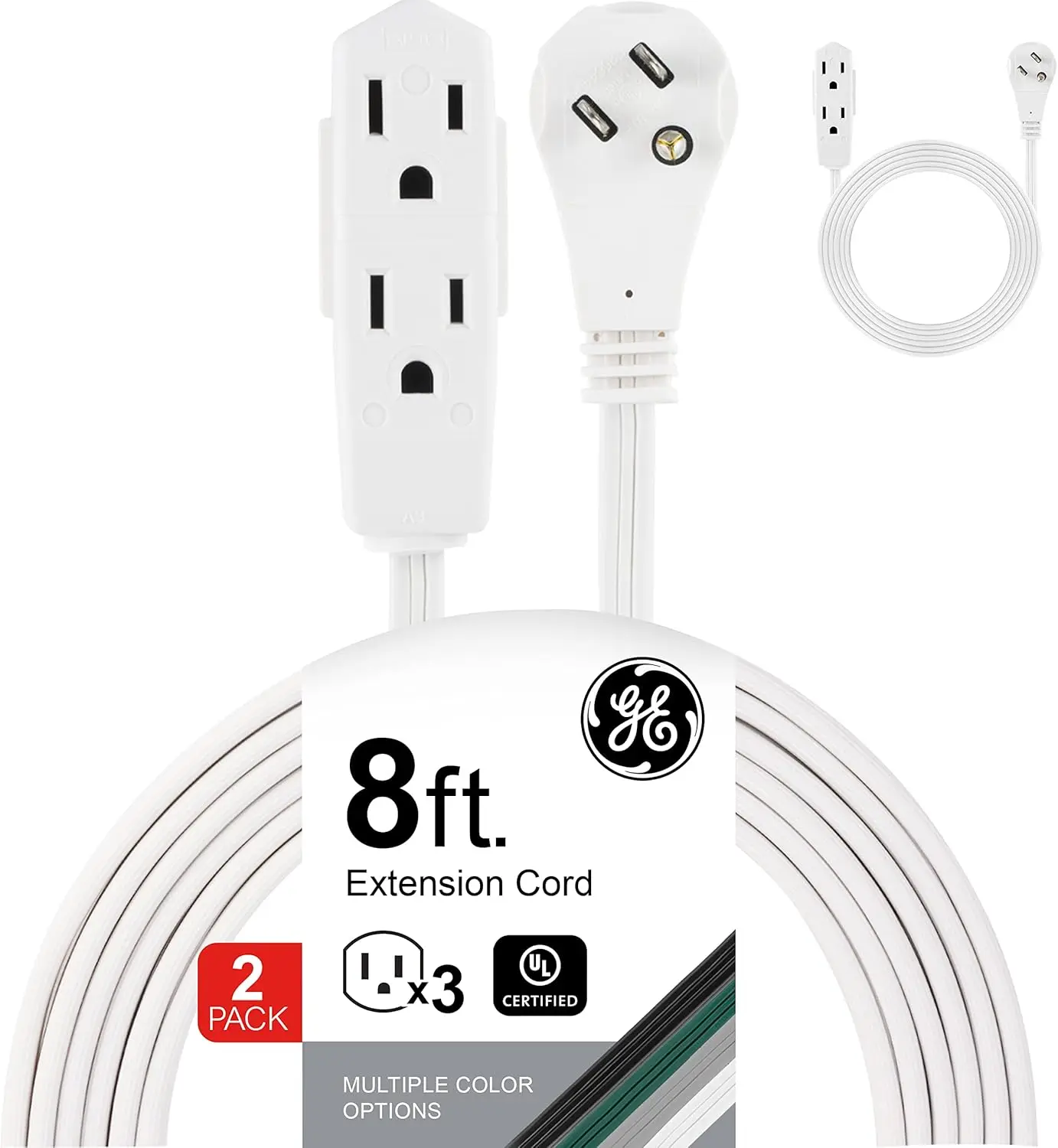 

8 Ft Flat Extension Cord with 3 Outlets, 3-Prong Grounded, 16 Gauge, UL Listed, White 2-Pack