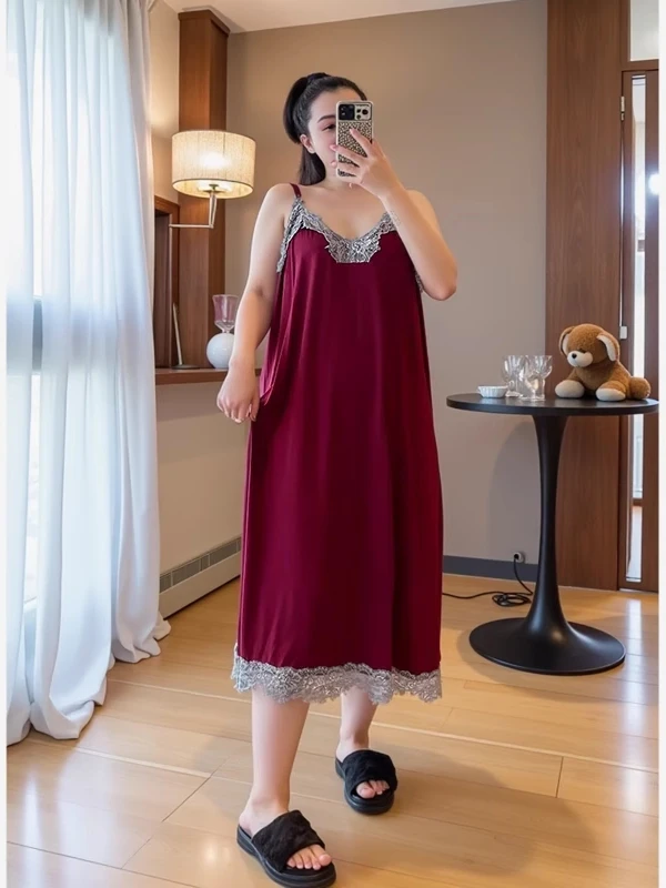 

Sexy Lace Trim Sleep Dress Thin Bottom Strap Mid-Length Home Clothes for plus Size Women Comfortable Breathable Summer Nightgown