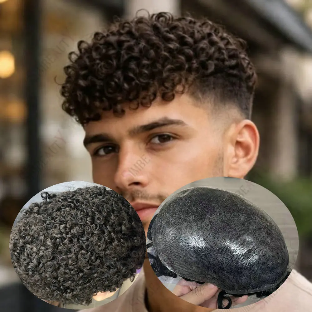 Natural Hairline Men's Toupee Wig 15mm Afor Curly Durable Thin 0.1MM Poly Skin Black Grey Brown HumanHair Prosthesis Capillary