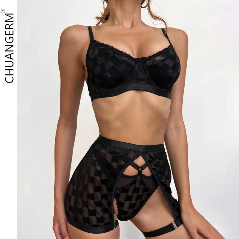 CHUANGERM-Ensemble de soutien-gorge et culotte sexy en maille pour femmes, sous-vêtements féminins secrets, grille, haut en dentelle, intimes, vêtements pour femmes, 3 pièces