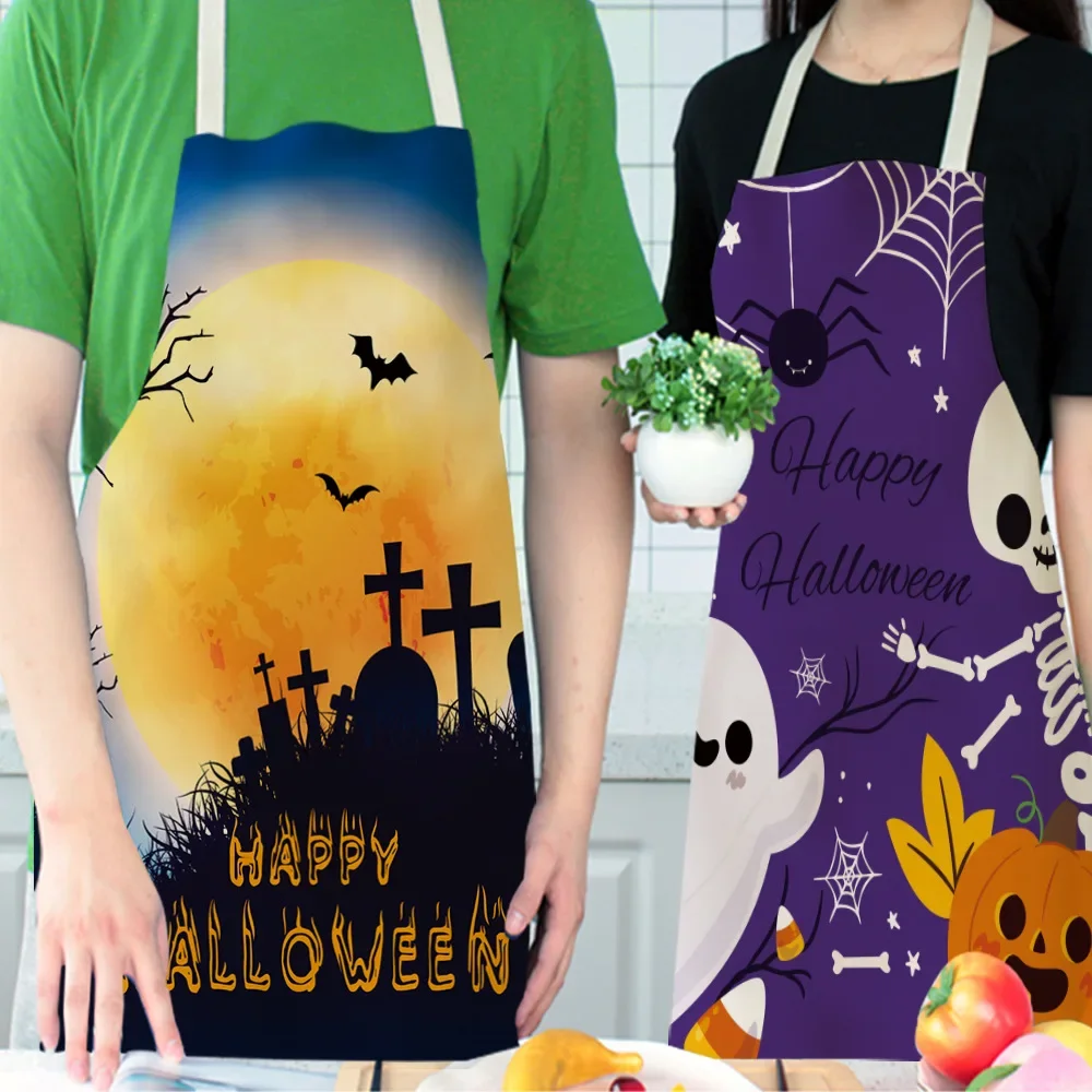 Pumpkin Witch Horror Happy Halloween Kitchen Aprons for Woman Man Home Cooking Baking Shop Cleaning Cotton Linen Apron