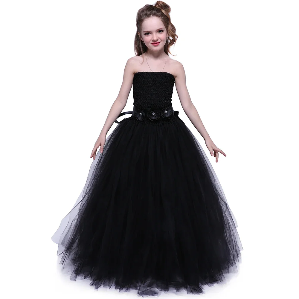 Girls Black Tutu Dress Long Tulle Flower Girl Dresses Children Pageant Evening Party Dresses Ball Gown Kids Halloween Costumes