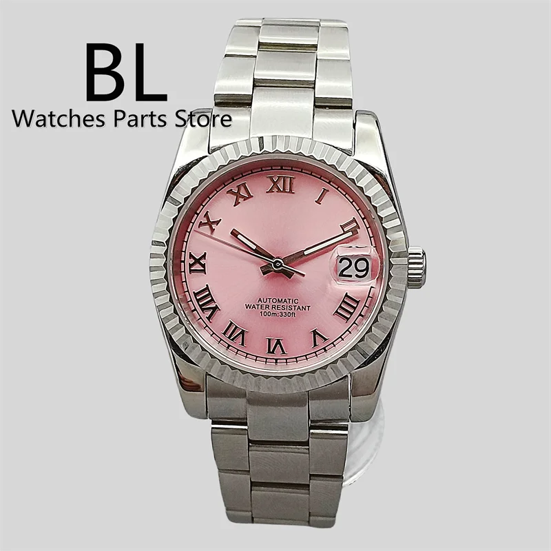 BLIGER 36mm39mmPink Dial Luxury NH35A Automatic Watch 904 Stainless Steel Fluted Bezel Sapphire Crystal Diamond Roman Time Marks