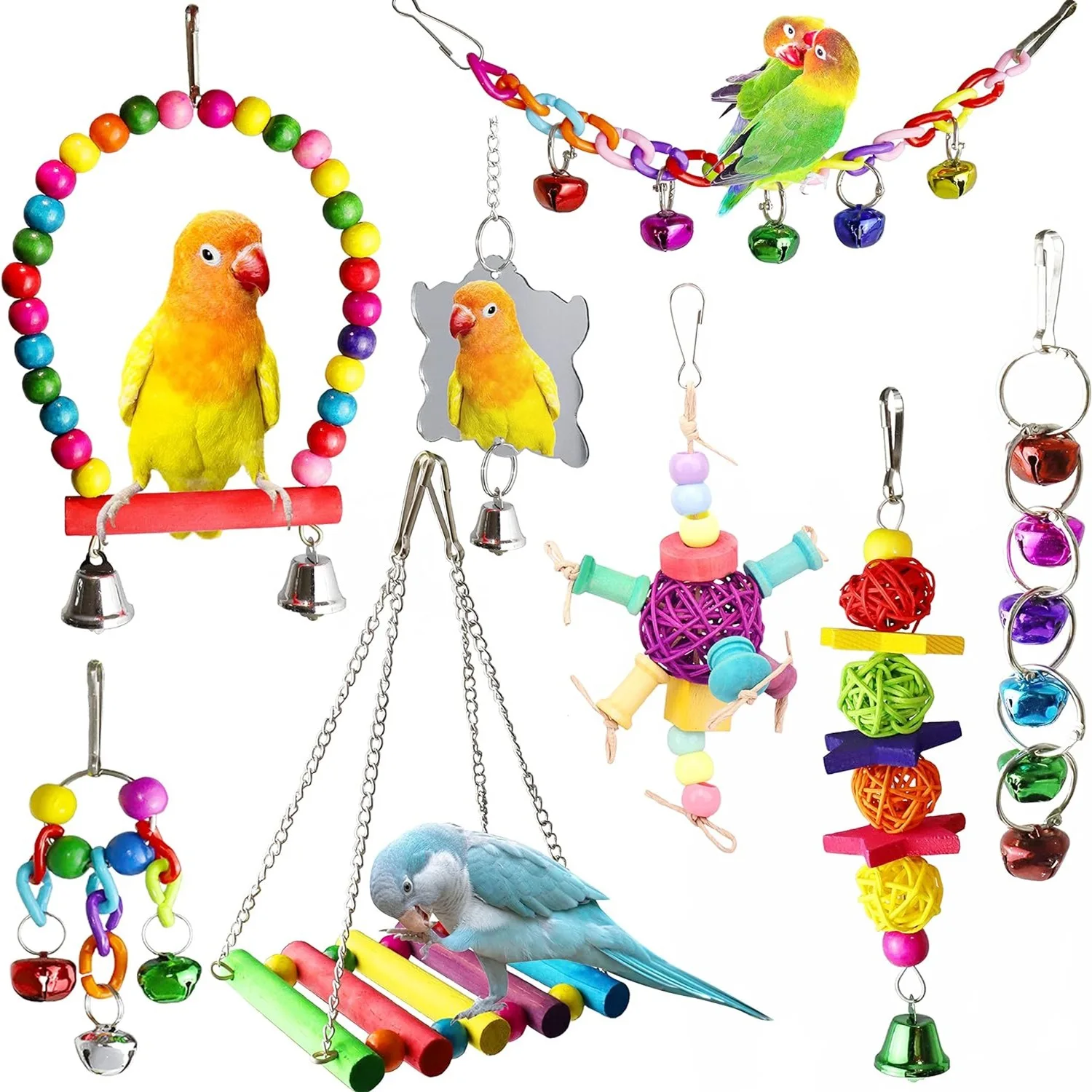 Juguetes para pájaros y loros, columpio, jaula para pájaros, decoración, espejo, escalera, campanas de viento, accesorios para pájaros, juguetes para pájaros