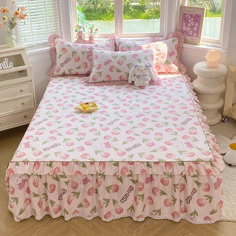 

Floral Theme Bed Skirt Set 100% Cotton Soft Skin-friendly Girls Women Kids Bed Cover Cute Rabbit Print Bed Sheet with Pillowcase