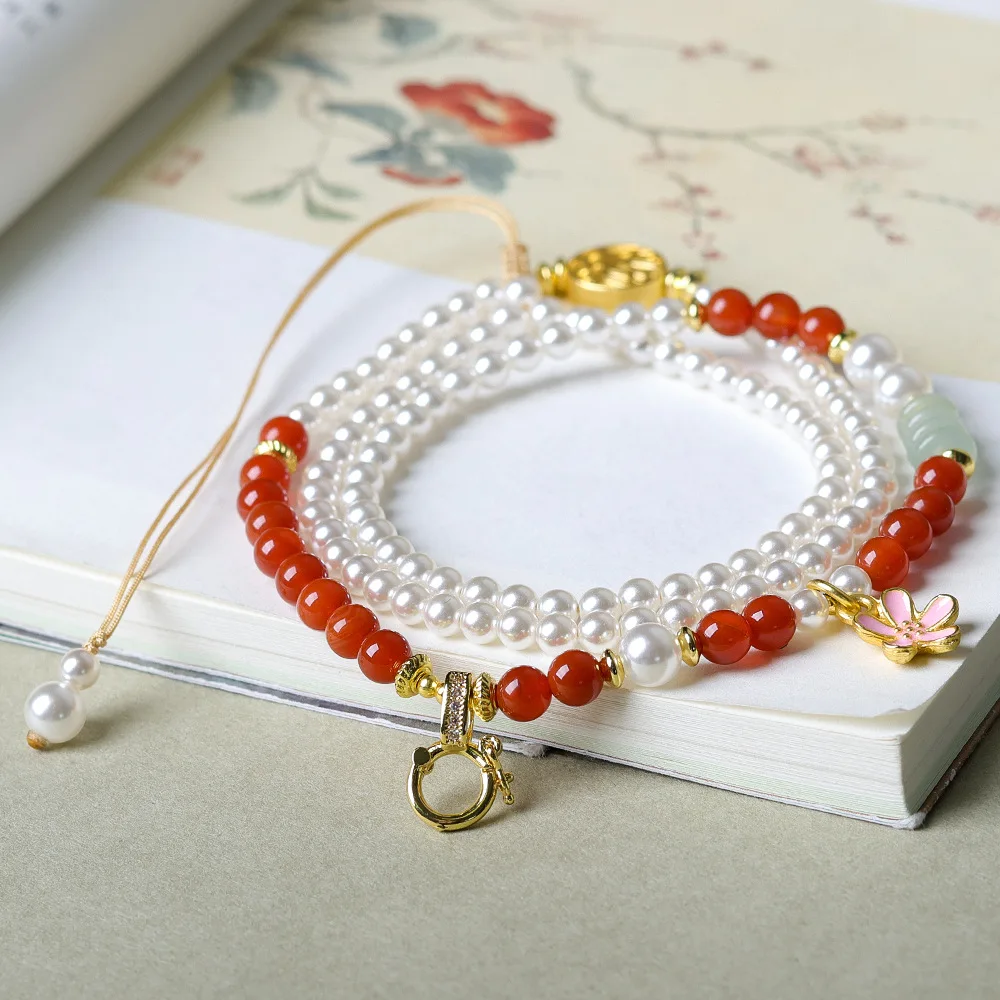 Hand-woven nanhong agate universal pendant rope cultural game new Chinese pearl shell lanyard national style jewellery