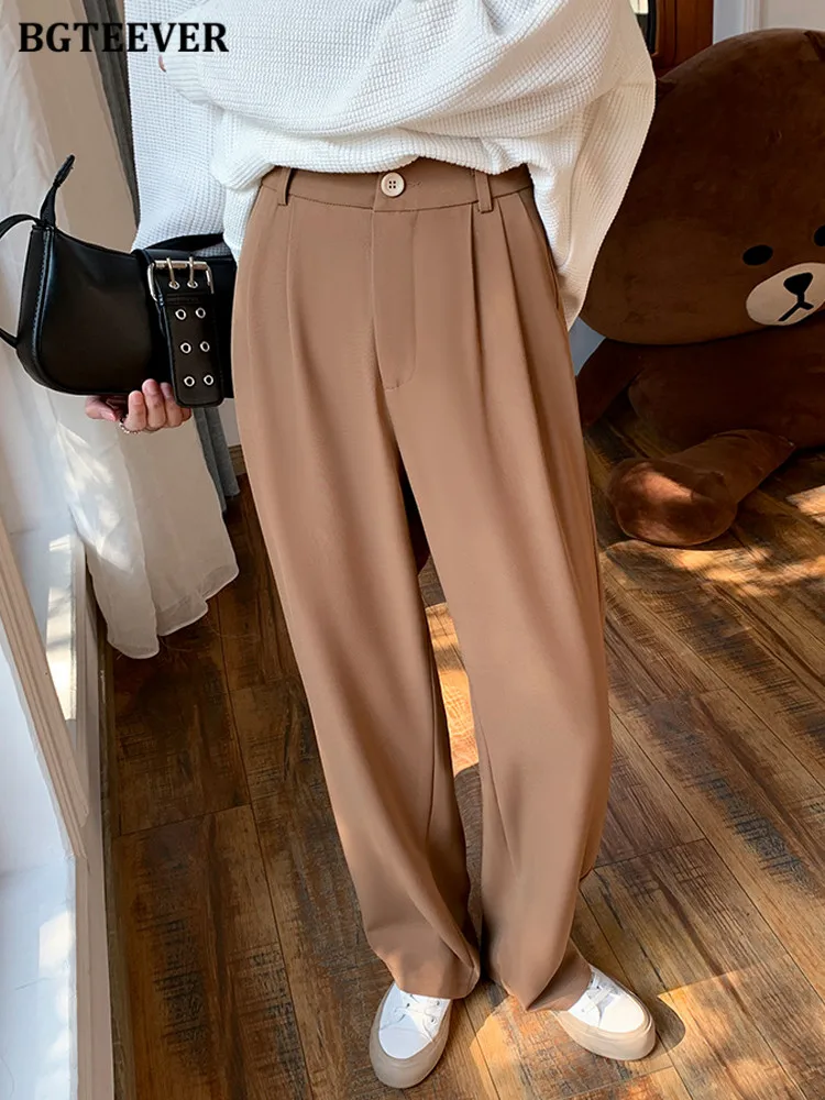 BGTEEVER Casual High Waist Button Solid Wide Leg Trousers Women Elegant Loose Female Long Suit Pants Spring Summer