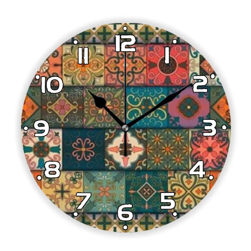 

Portuguese Tiles Talavera Style Azulejo Moroccan Mandala Patchwork Wall Clock Watch Mexican Ornament Wall Art Kitchen Home Decor