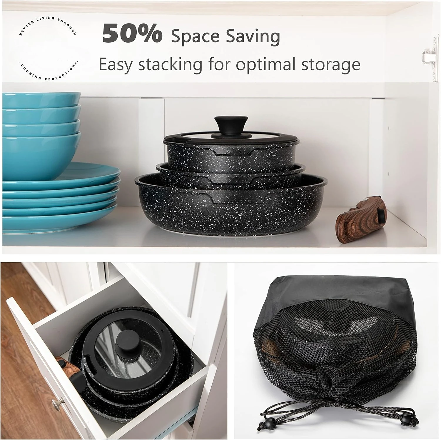 

Removable Handle Induction Pots and Pans Set - 10 Piece Non-stick Cookware Sets,Black Granite Stackable RV Cookware for Camp·New