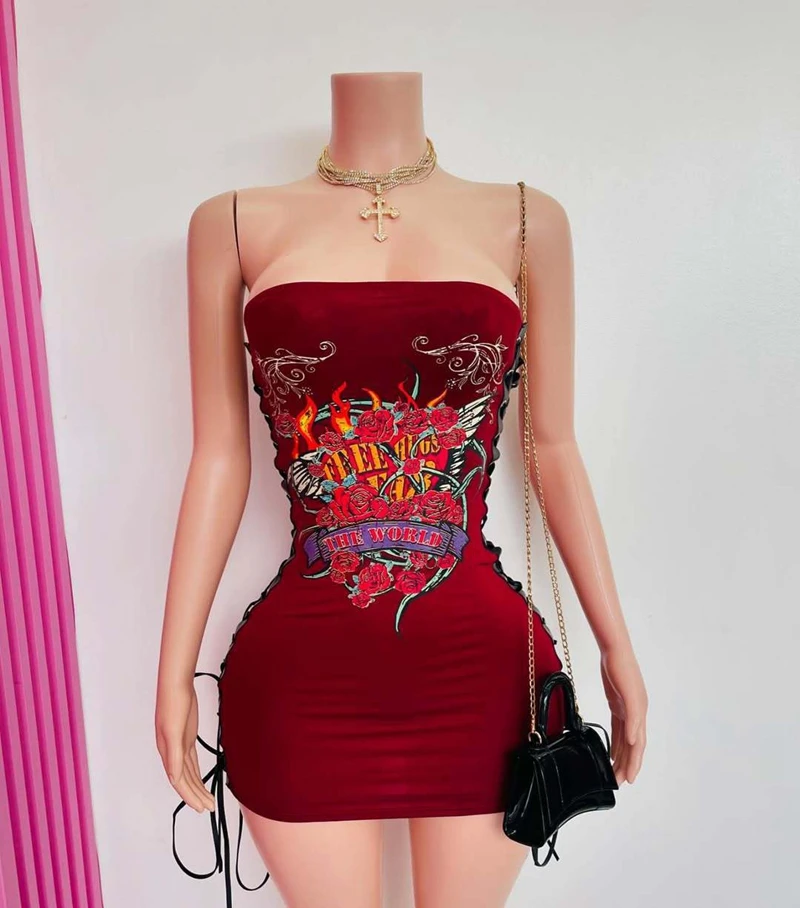 STYLISH LADY Lace Up Harajuku Printed Dress 2025 Summer Women Strapless Bodycon Sexy Club Party Hip Hop Mini Vestidos De Festa
