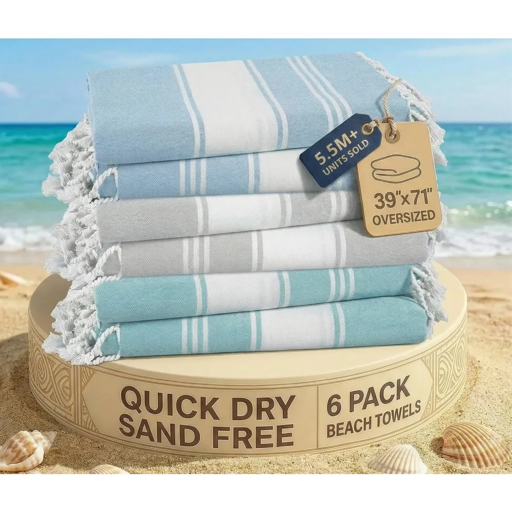 

Набор из шести больших быстросохнущих пляжных полотенец без песка, предварительно пропрантованных, классического цвета, 39x71 дюймов