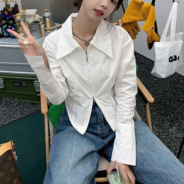 

New summer and autumn women's clothing, Spice Girl fashion double zipper slim-fit short horn long-sleeved shirt top