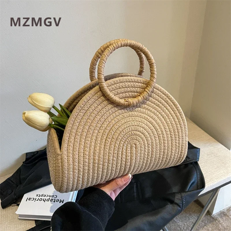 

Fashionable Vacation Casual Woven Bag Circular Handle Design Women Retro Cotton Rope Handbag Seaside Holiday Travel Beach Tote