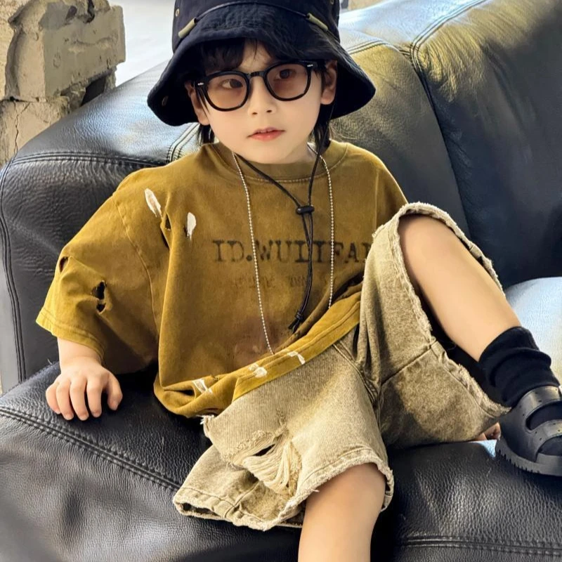 2026 Summer New Boys' Distressed Tie Dye Short Sleeved T-Shirt Junior Sizes Stylish Trendy Kids' Apparel