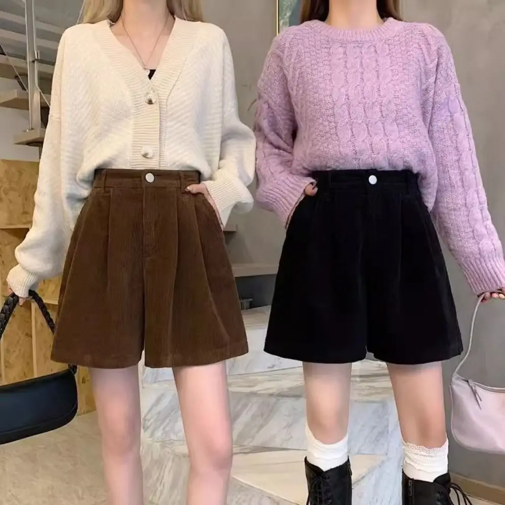 

Ins женские вельветовые шорты с высокой талией, широкие короткие брюки в эластичную полоску, большой размер, два кармана, свободная уличная одежда для девочек