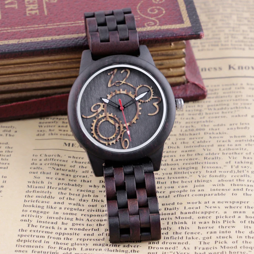 New Gear Pattern Design Wooden Quartz Men's Watch Street Casual Fashion Men's Accessory Watch