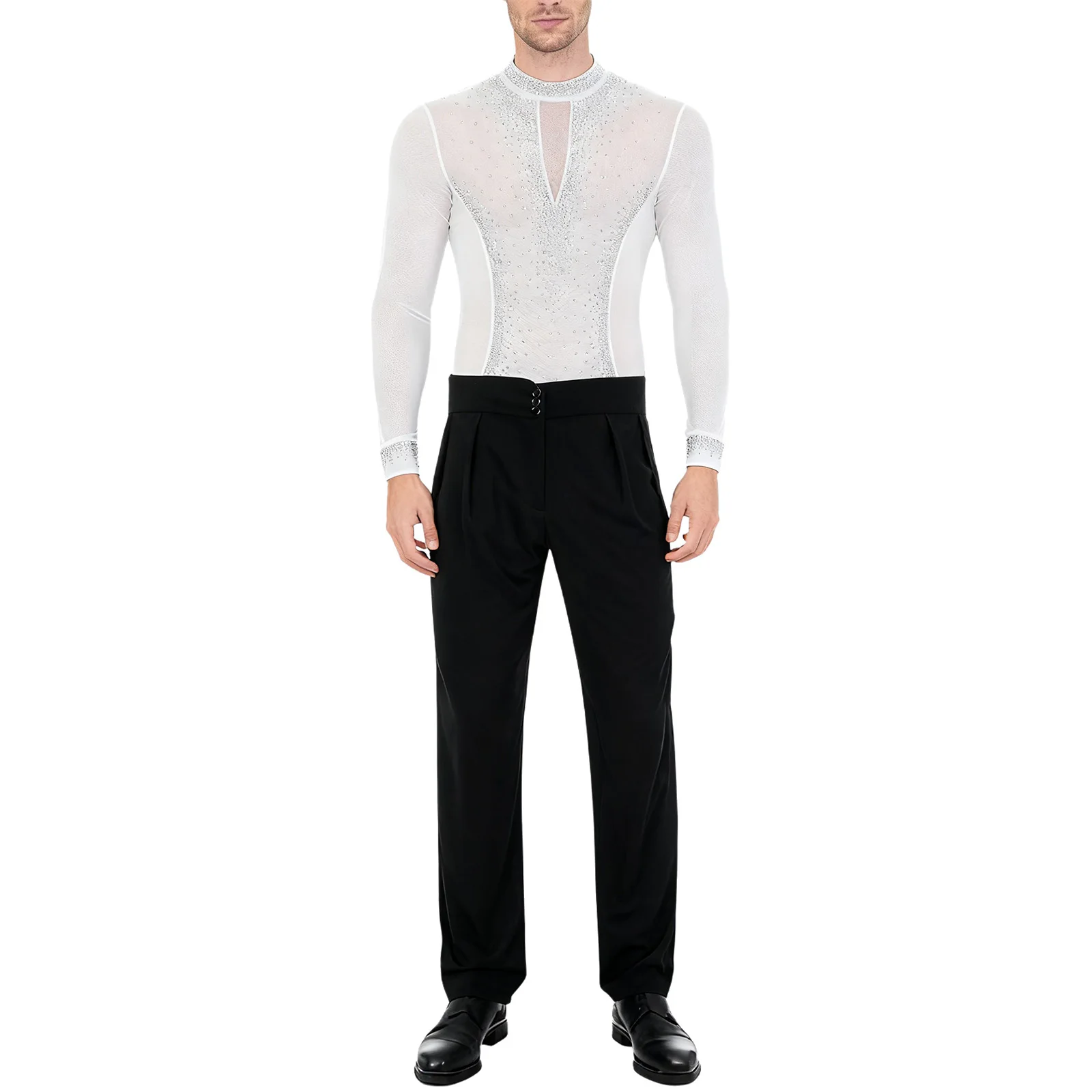 Männer Eiskunstlauf Latin Dance Cha-cha Tango Gesellschaftstanz Outfit Langarm Strass Mesh Body mit Hosen Dancewear