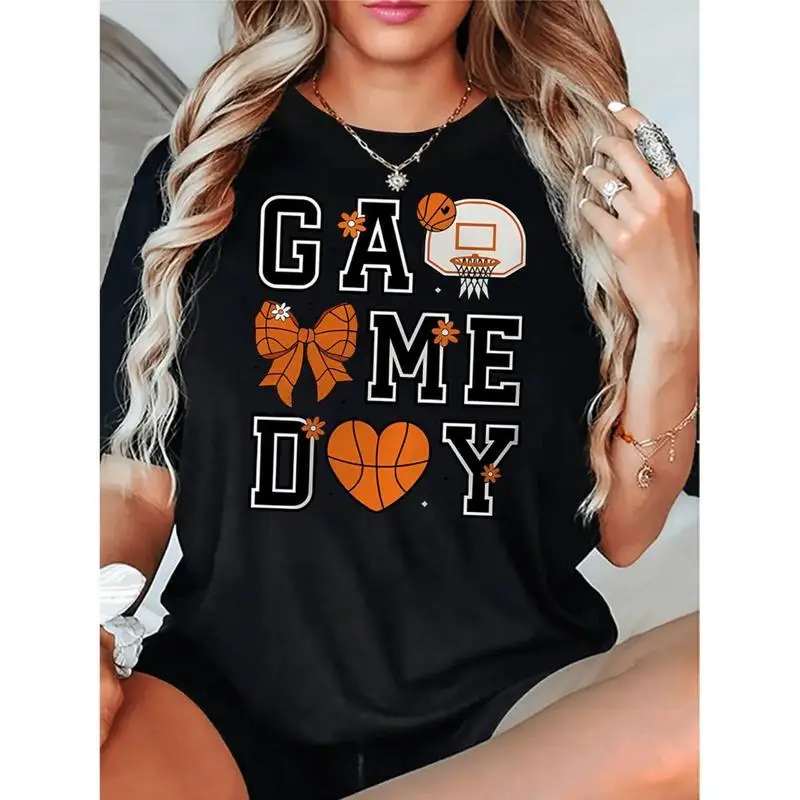 

Cute Basketball Bow Heart Print T-Shirt Women Teen Girls Trendy Casual Loose Tops Summer Streetwear Aesthetic Tees