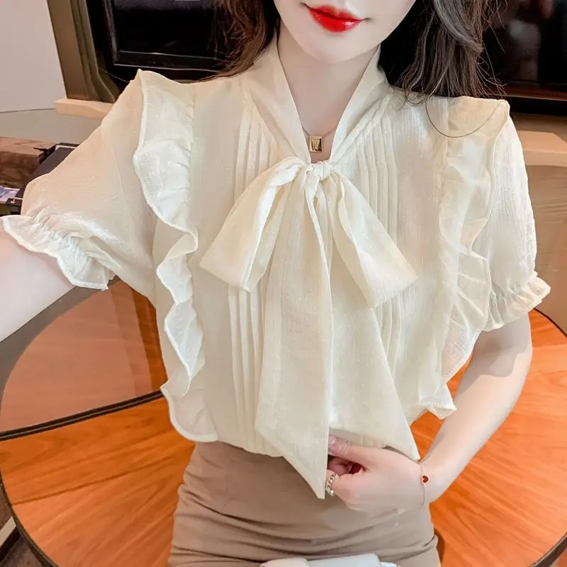 French Ruffled Edge Age Reducing Loose Chiffon Shirt for Women\'s Spring summer Sweet Temperament Bow Versatile Long Sleeved Top