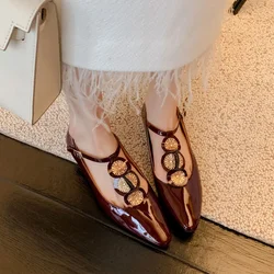 2024 new T-strap  janes shoes Women Retro party low heels elegant flats genuine leather  gold black