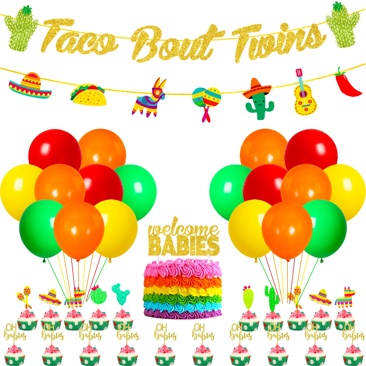 Funmemoir Taco Bout Twins Mexican Baby Shower Decorations Taco Bout Twins Banner Cactus Foil Balloons Welcome Baby Cake Topper