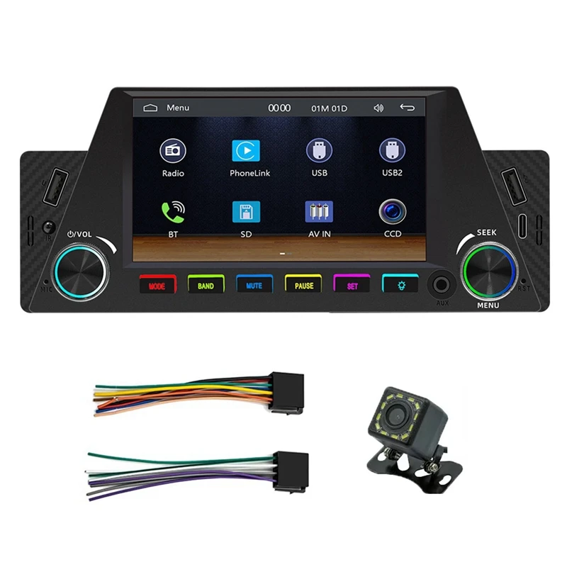 1 Din 4.7Inch Car Radio Wireless Carplay Android Auto Mirrorlink RGB BT USB Type-C Charging FM Stereo Reversing Camera