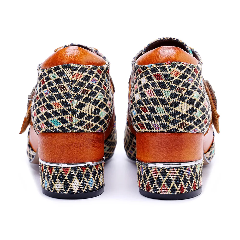 4.5CM Genuine Leather Women Shoes Plaid Splicing Flower Breathable Women Hook Loop Shoes Orange for Women Spring Autumn Shoes view 2